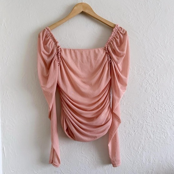Missguided Pink Mesh Ruched Puff Sleeve Top Size 4 - Picture 5 of 6
